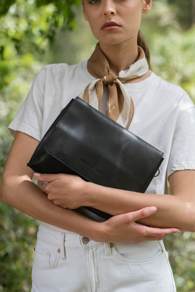 New double clutch bag black leather